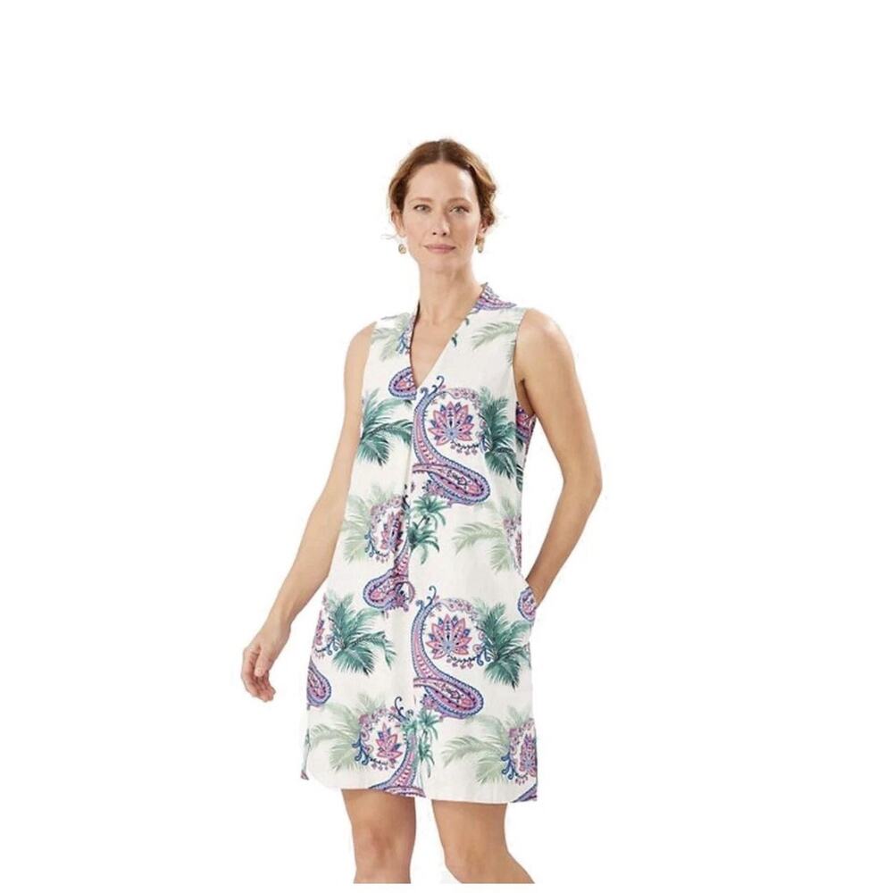 Tommy Bahama Dress Womens Large Blue White Paisley Linen Blend Sleeveless Resort